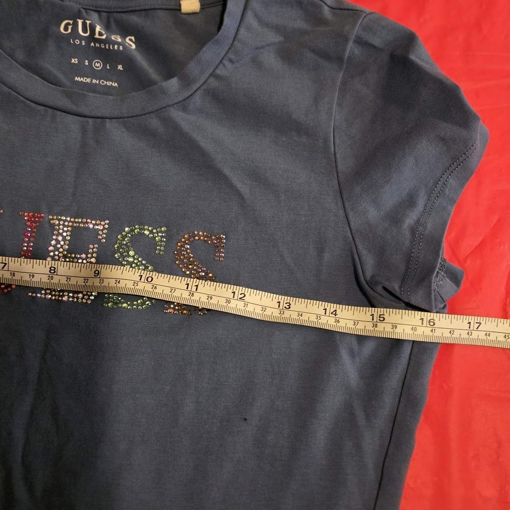 GUESS Navy Tee with Multicolor Rhinestone Logo - Picture 7 of 9